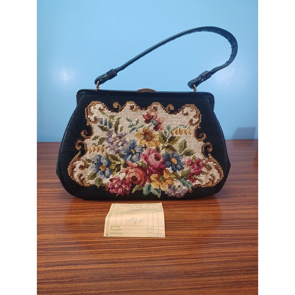Vintage Needlepoint Embroidery Floral/Flowers Purse Handbag Top Clasp W/Receipt - Picture 9 of 14